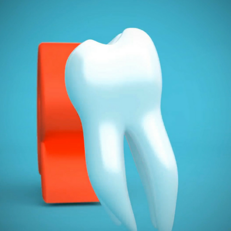 white cartoon tooth against blue background.