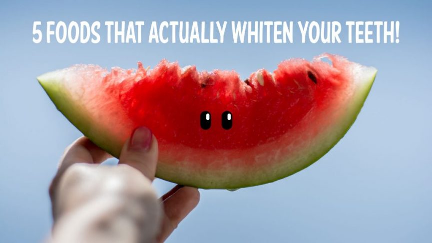 Person's hand holding a piece of watermelon graphic with the word " Foods That Actually Whiten Your Teeth" written at the top.